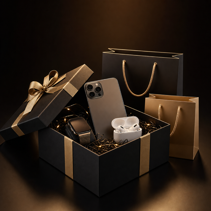 Premium gift set with phone, earbuds, gift box, and shopping bags